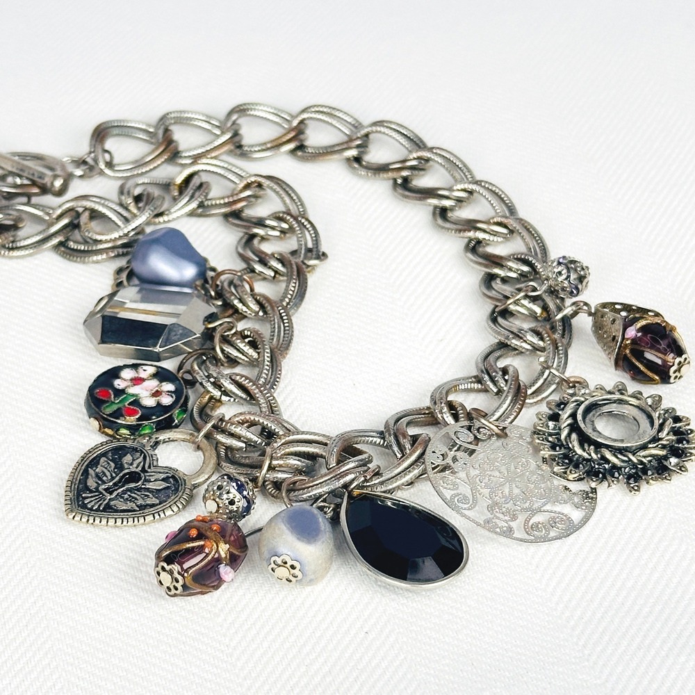 Vintage 90s Silver Charm Necklace Heart Locket Enamel Eclectic Chain Toggle - Picture 4 of 7